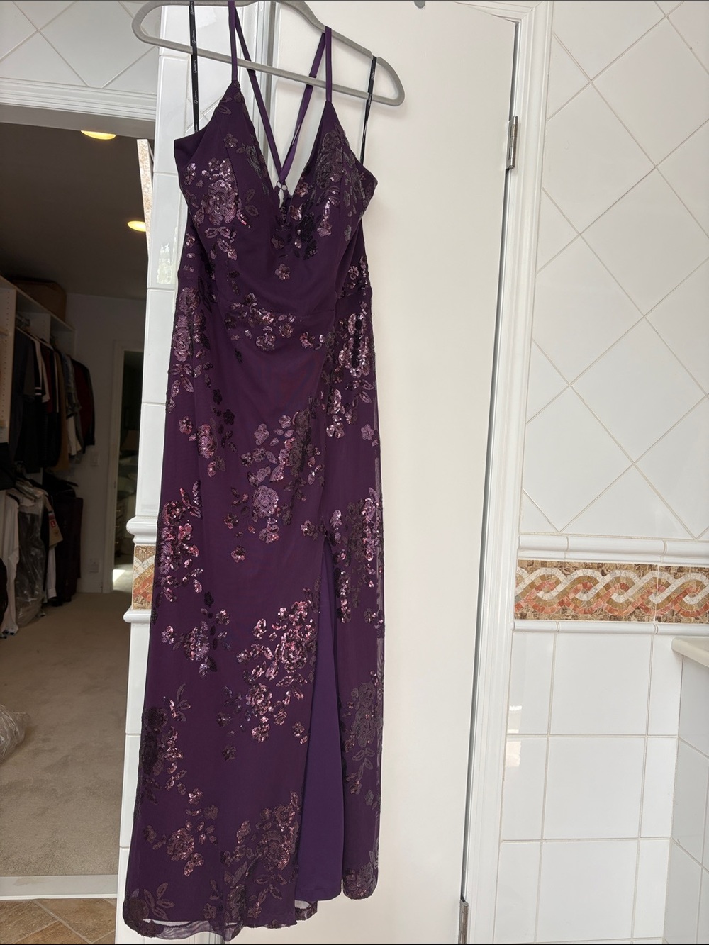 Speechless Deep Purple Floral Sequin Strapless Gown